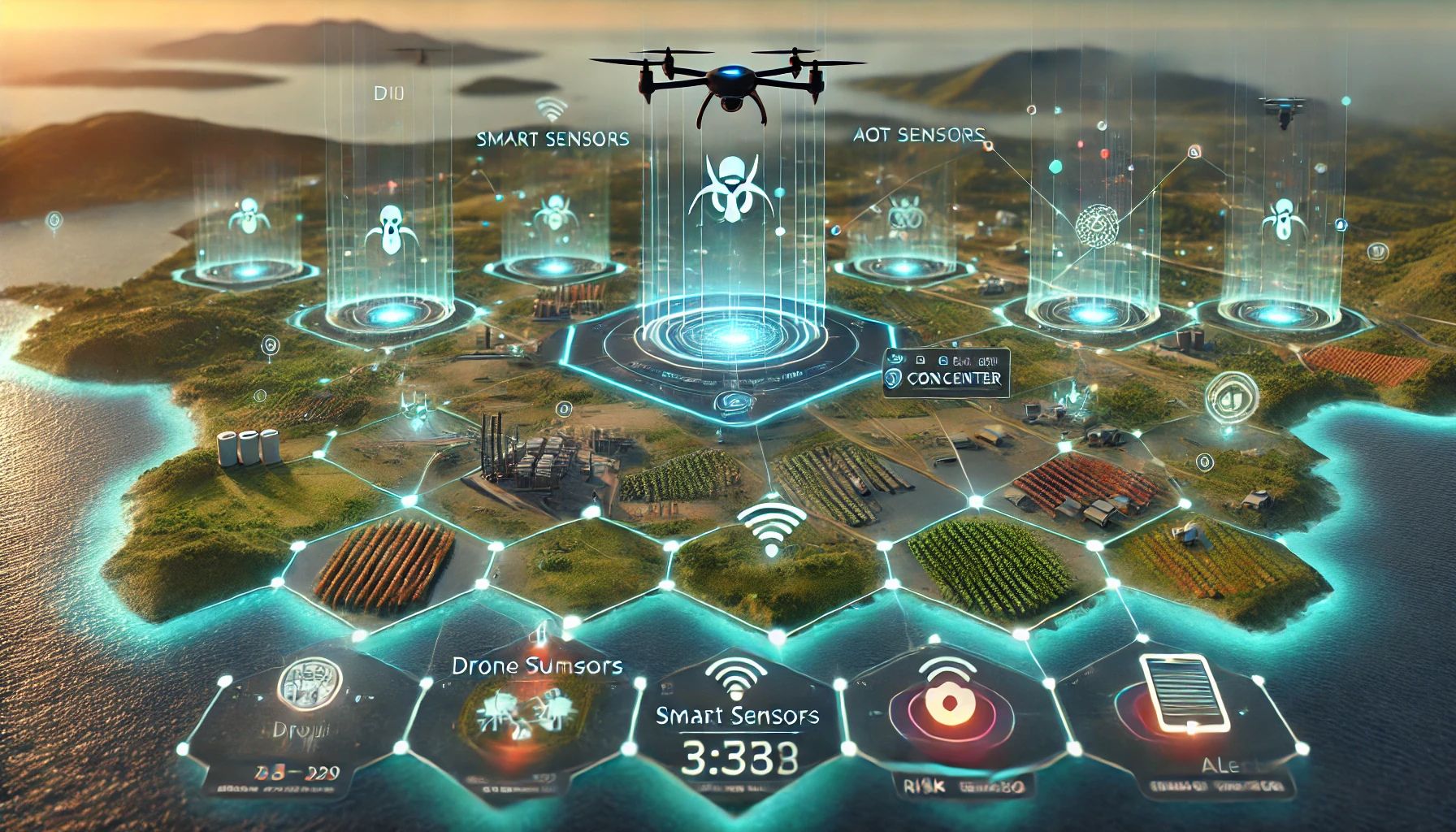 Peta digital futuristik wilayah kepulauan dengan sistem pemantauan hama berbasis AI dan IoT