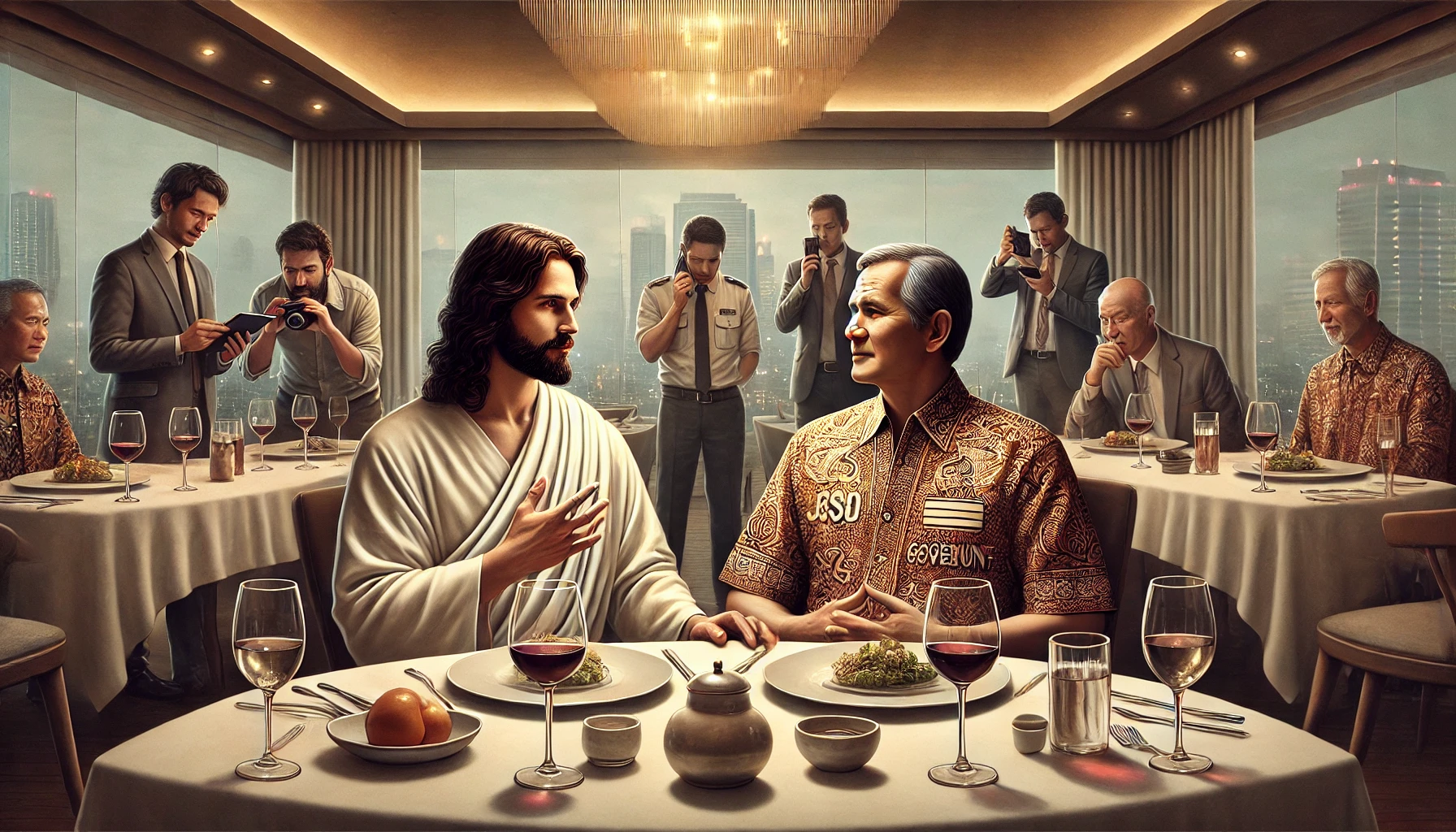 Yesus sedang makan malam dengan Kepala Kantor Dispenda di sebuah restoran mewah. Suasana percakapan mereka tampak serius, sementara di latar belakang, para jurnalis dan aktivis diam-diam mengamati dan mengambil foto.